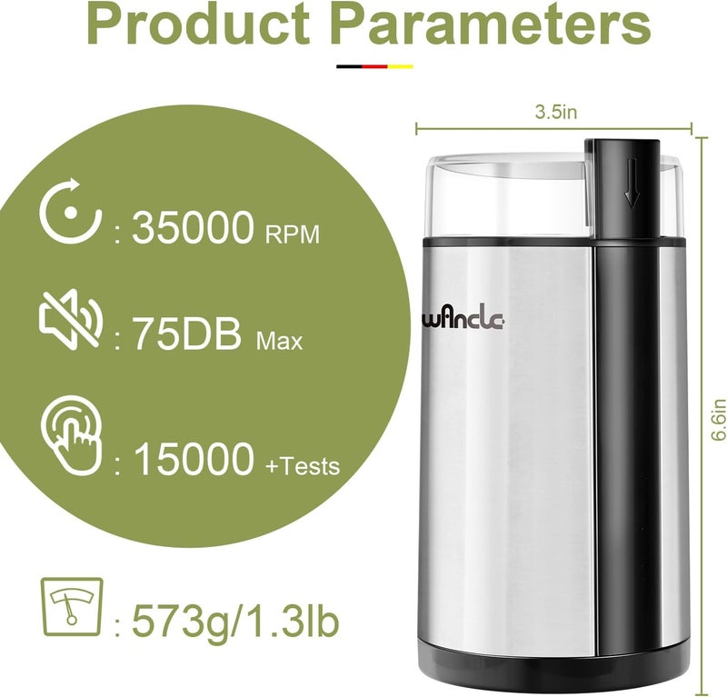 wancle Coffee Grinder, Electric Coffee Grinder, Quiet Spice Grinder, One Touch Coffee Mill for Beans, Spices and More, with Clean Brush, Stainless Steel - Image 5